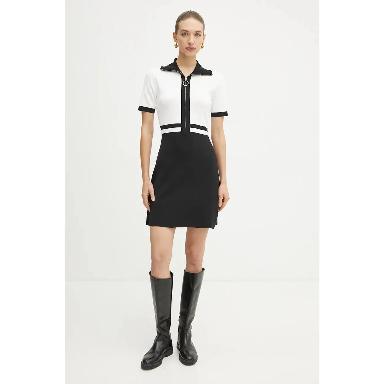 Chic Morgan RMICA Black Ribbed A-Line Mini Dress, Short Sleeves, Zip - Gomix Brands Outlet